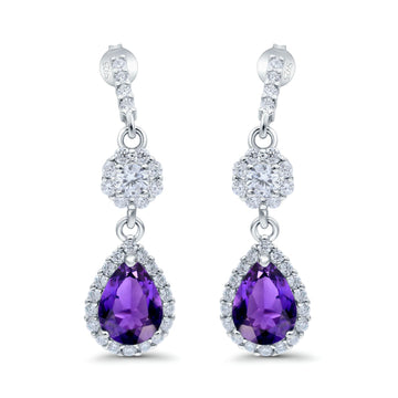 Halo Dangle & Drop Earrings Pear Simulated Amethyst CZ 925 Sterling Silver
